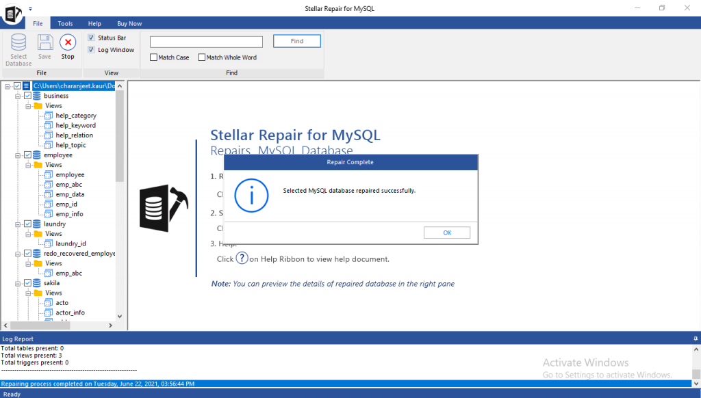 Stellar Repair for MySQL Software Main Interface